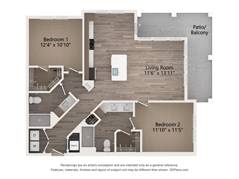 Floor plan for 2 beds, 2 baths, 1164 sqft